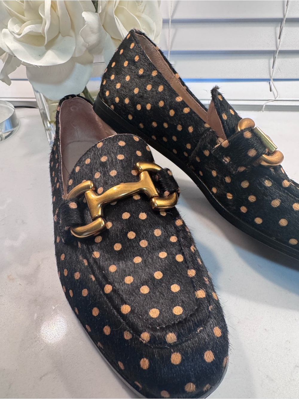 Boden Black & Tan Snaffle loafers
Polka Dot faux fur Loafers with Gold Bit